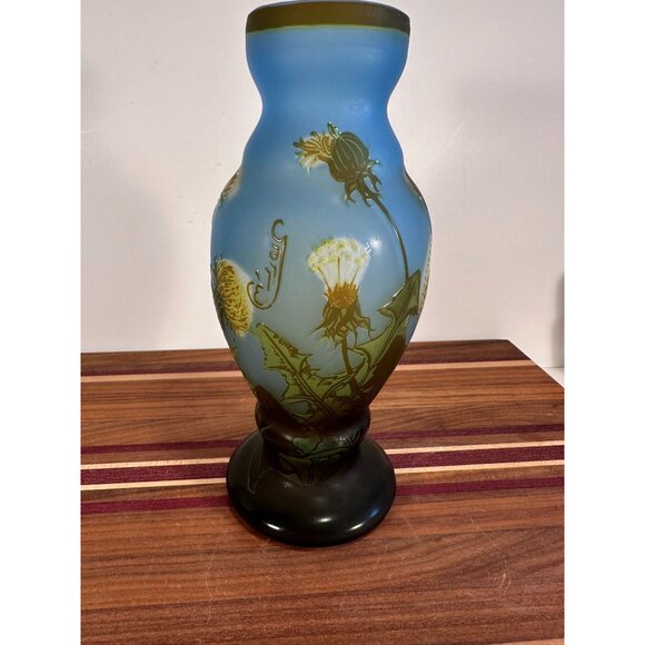 Antique Style Blue & Green Glass Vase With Dandelion Design 10" Tall Handcrafted - Picture 2 of 9